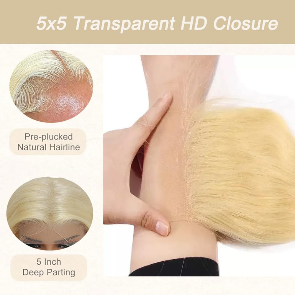 5x5 613 Closure Hd Transparent Lace 12A Grade Blonde Human Hair Pre Plucked With Baby Hair Brazilian Virgin Straight Hair Invisible Lace Frontal Closure Free Part 14 Inch