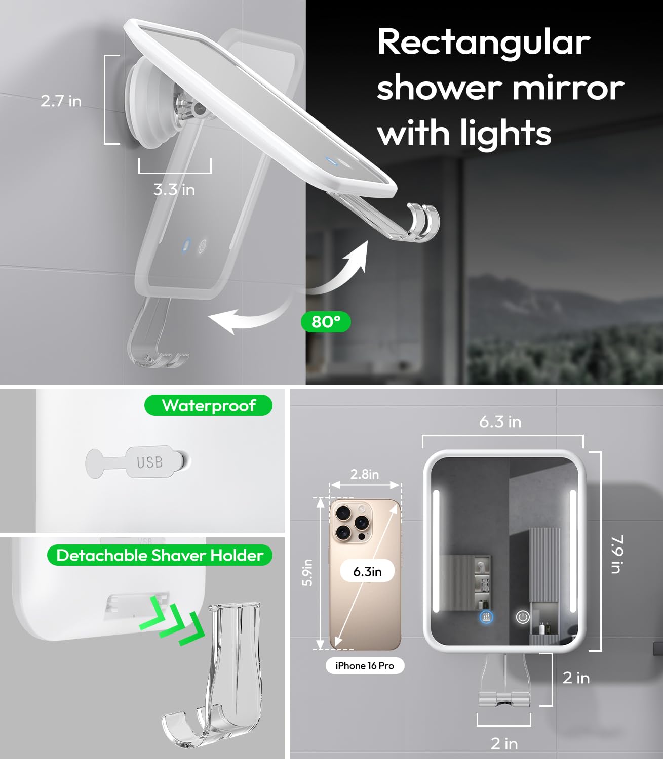 Glowtop Lighted Shower Mirror Fogless for Shaving with Light, 5000mAh Heated Fogless Mirror for Shower, Detachable Razor Holder and Suction Cup for Wall, NO-Drilling, Waterproof for Bathroom (White)