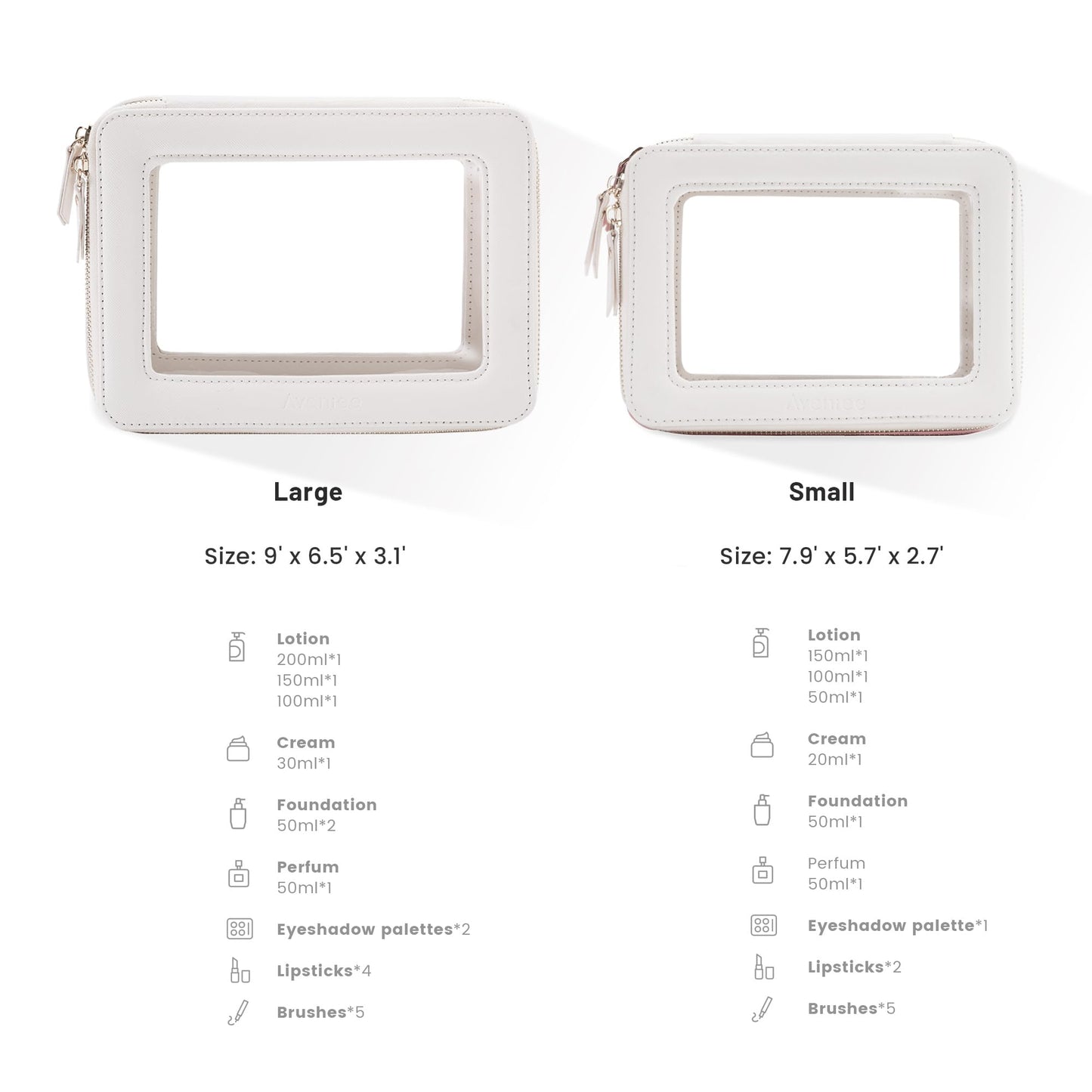 Aveniee Clear Makeup Bag Organizer Set,Portable Travel Toiletry Case for Women, Vegan Leather Cosmetic Pouch Car Bag for Essentials 2pcs,Middle & Large,Beige