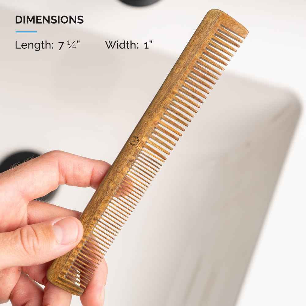 ZEUS Sandalwood Beard & Mustache Comb for Men with Leather Case, Handmade Anti-Static Saw-Cut Wood Comb for Grooming (L31)