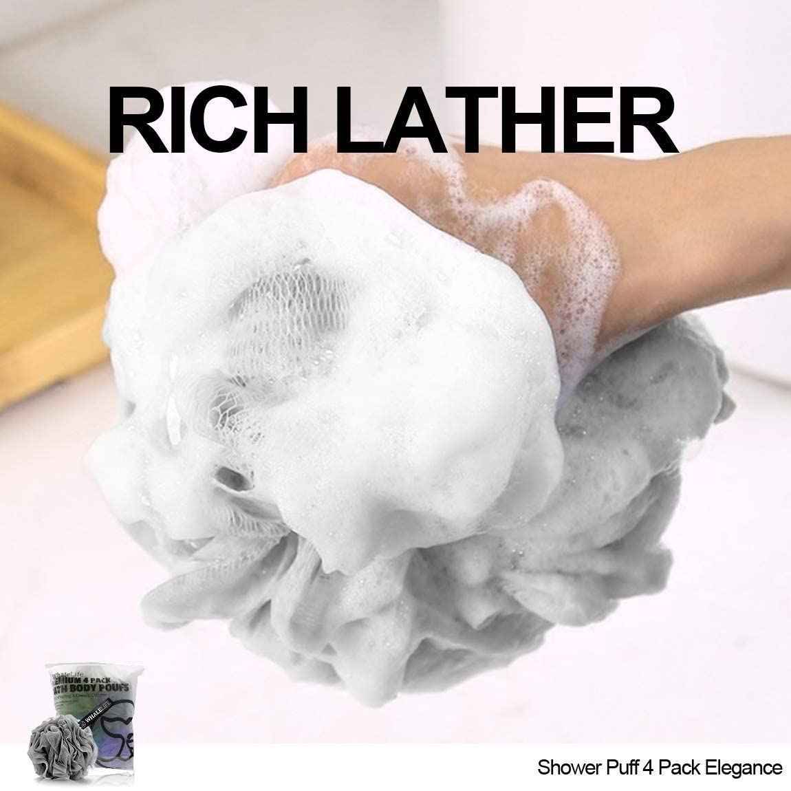 Shower Caps 4 Pack Black and Elegance Bath Sponge 4 Pack Shower Loofahs Mesh Pouf and Double Large Waterproof Bath Caps for Hair