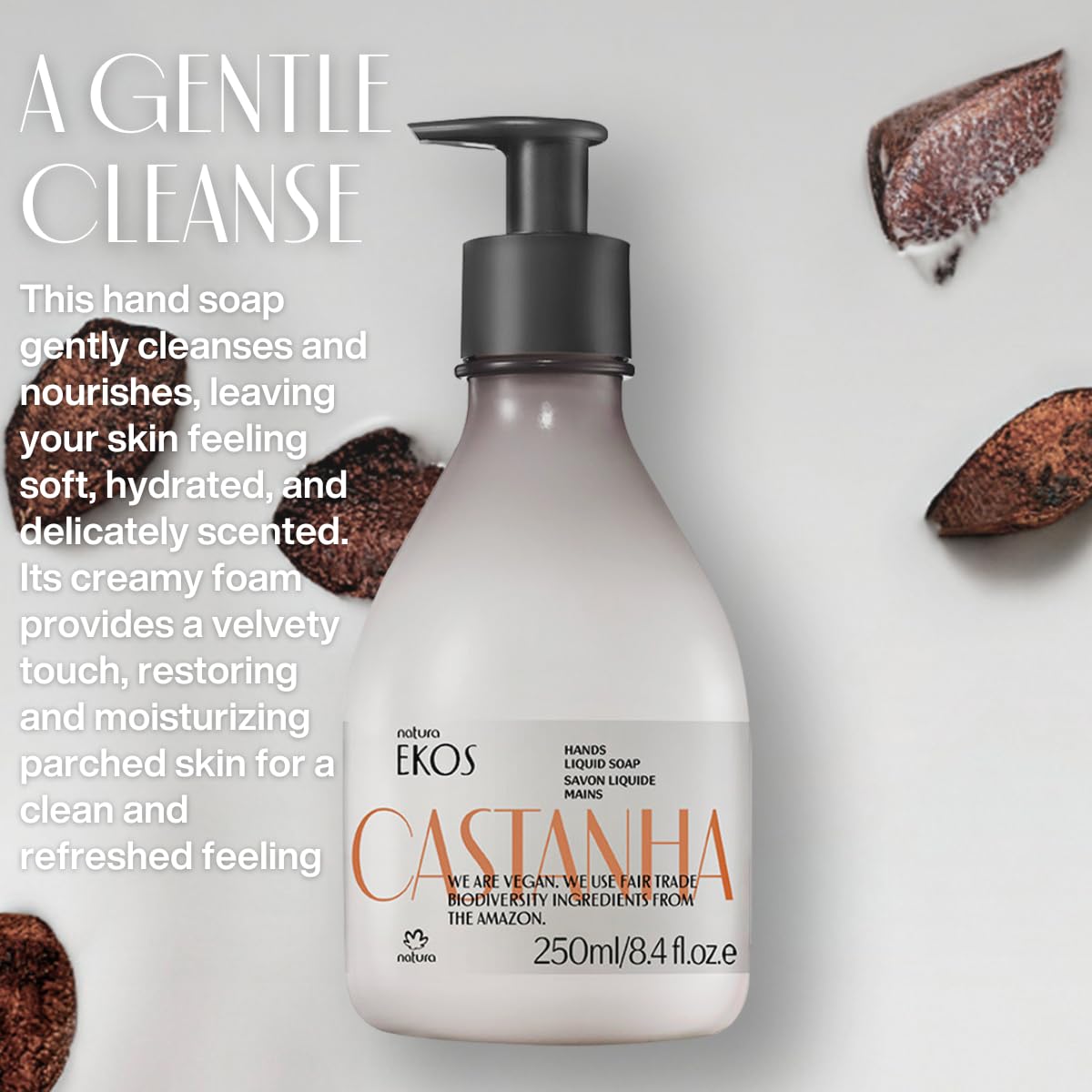 natura -Brazil Nut (Castanha) Renourishing Liquid Hand Soap - Anti-Dryness - Coconut Derived Cleanser - Vegan Skin Care - Brazilian Beauty Secrets - Self Care & Body Care - 8.4 fl oz (250ml)