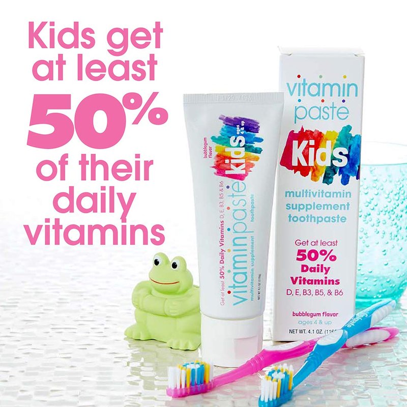 Vitaminpaste Kids Toothpaste with Daily Multivitamins B3, B5, B6, D, E, Xylitol, Calcium, Fluoride Free, Fresh Breath, Fights Tarter, Anti-Cavity, Safe to Swallow, 4.1oz, Bubble Gum Flavor, 2-Pack