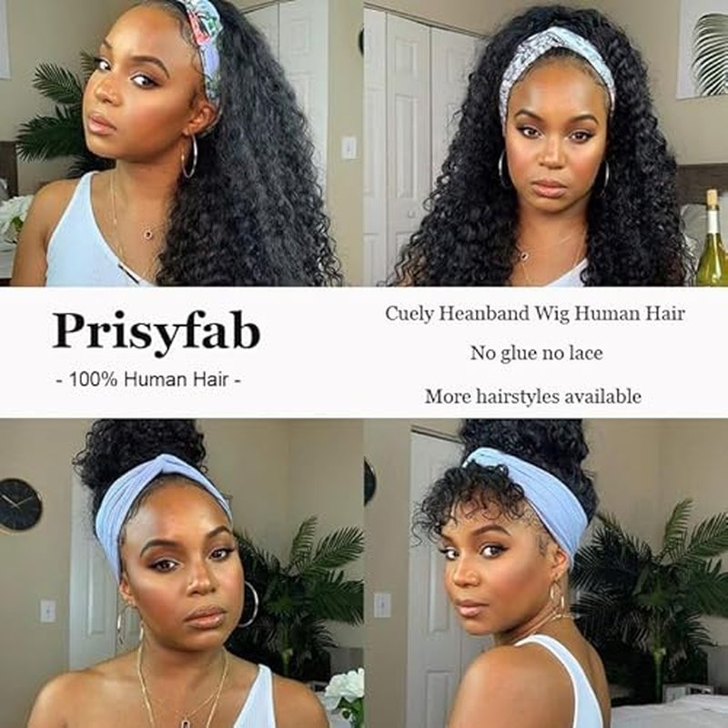 Curly Headband Wig Human Hair 22Inch Human Hair Headband Wig Glueless Wear and Go Human Hair Scarf None Lace Front Wigs 150% Density Natural Color