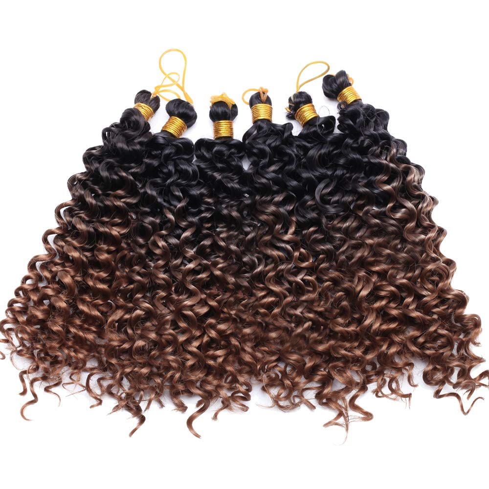 S-noilite 9 Bundles Marlybob Curl Crochet Hair Extension Water Wave Deep Wave Short Crochet Hair Bohemian Braiding Hair Extensions Ombre Synthetic Marley Braid Hair (8"-9bundles,Black to Coffee Brown)