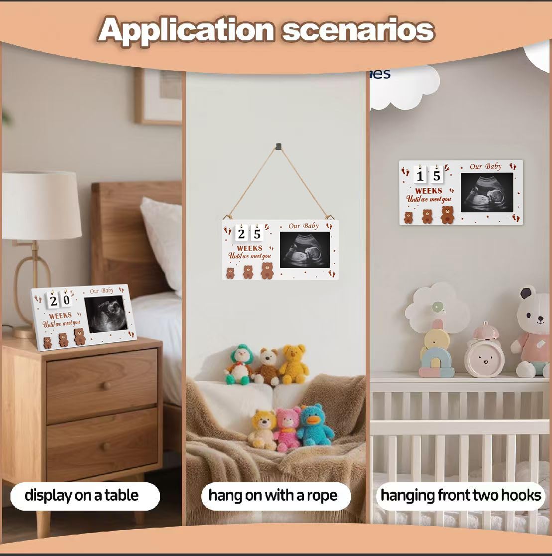 DACO MIN Baby Sonogram Picture Frame with Countdown Weeks, 4"x3" Ultrasound Photo Frame with Inkless Handprint Kit, Bear Pregnancy Announcement Gift for Expecting Mom Dad, Grandparents Reveal (Brown)