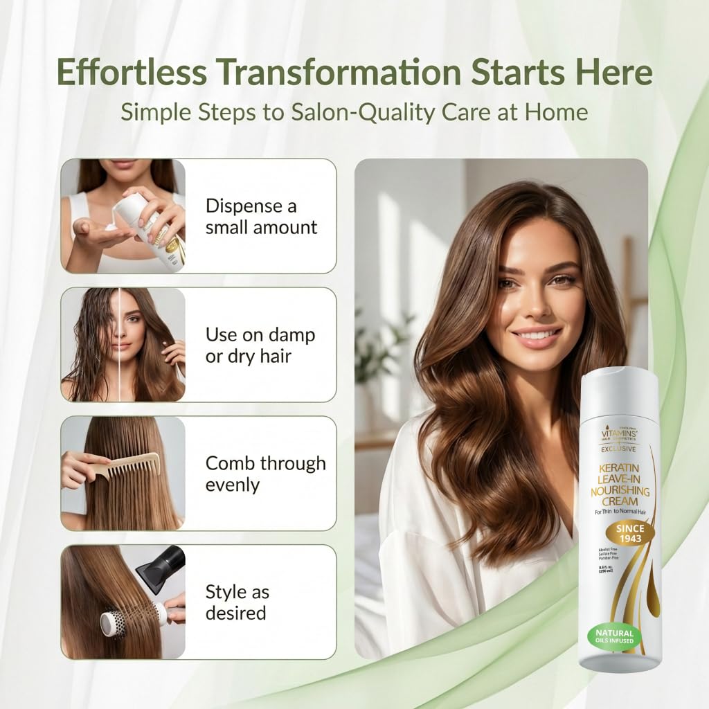 VITAMINS hair cosmetics Keratin Leave In Conditioner for Thin Hair - Lightweight Moisturizer & Hydrating Detangler Cream for Dry Damaged Hair - Frizz Control & Sulfate Free - 8.5 Fl Oz