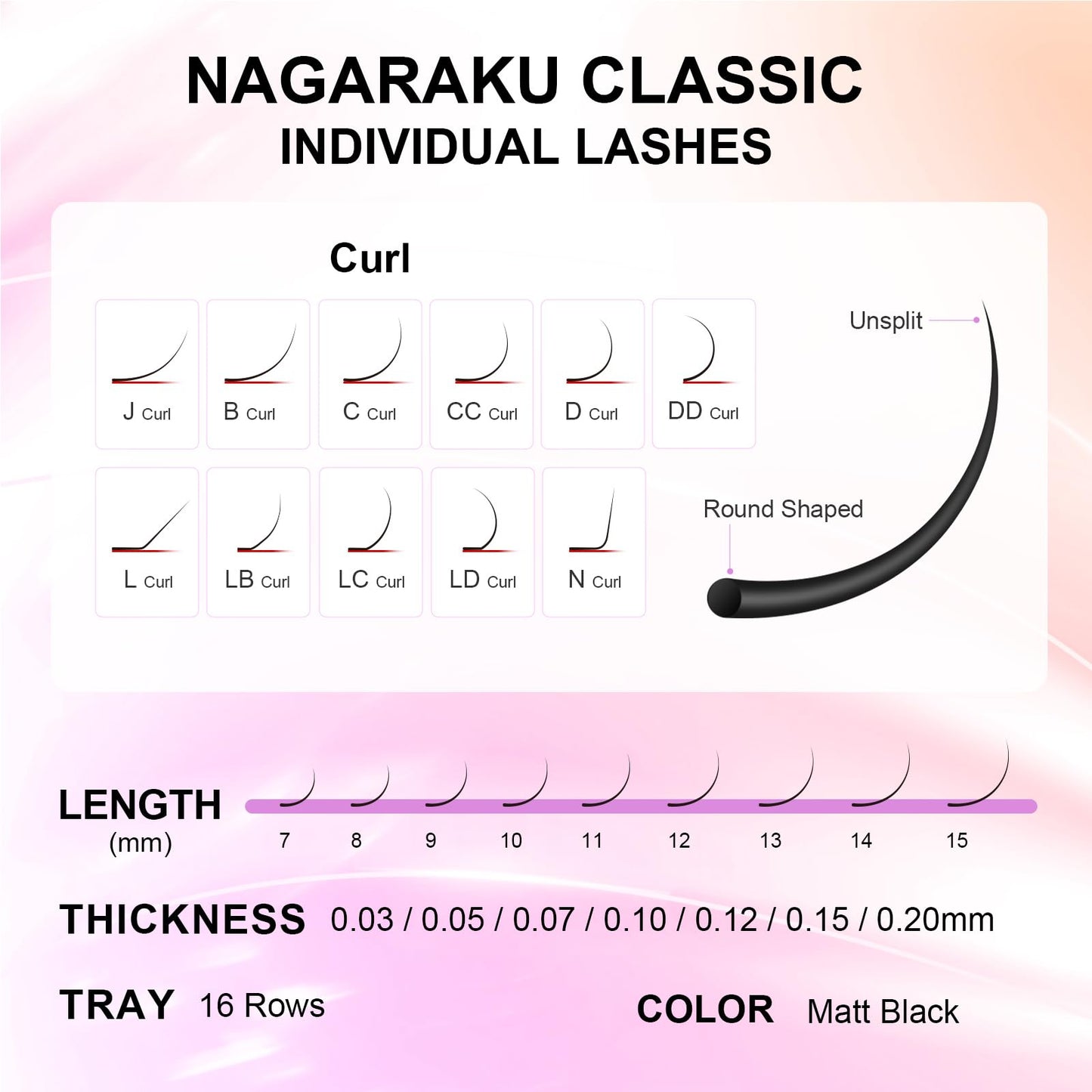 NAGARAKU Eyelash Extensions Classic J B C D N LC LD L DD CC LB Curl 0.03-0.20 Thickness 5-17mm, Matte Black Individual Lashes Professional Supplies for Lash Techs (0.07-L 7-15mm Mix 5 Trays)