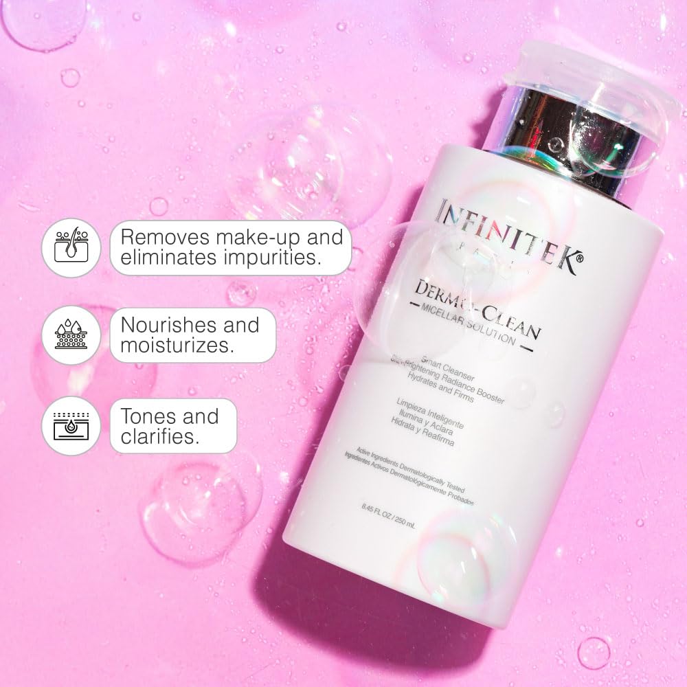 Infinitek Paris Dermo-Clean Micellar Water | Gentle Micellar Cleansing Water & Waterproof Eye Makeup Remover Liquid | Alcohol & Fragrance-Free | 8.45 fl oz / 250 ml