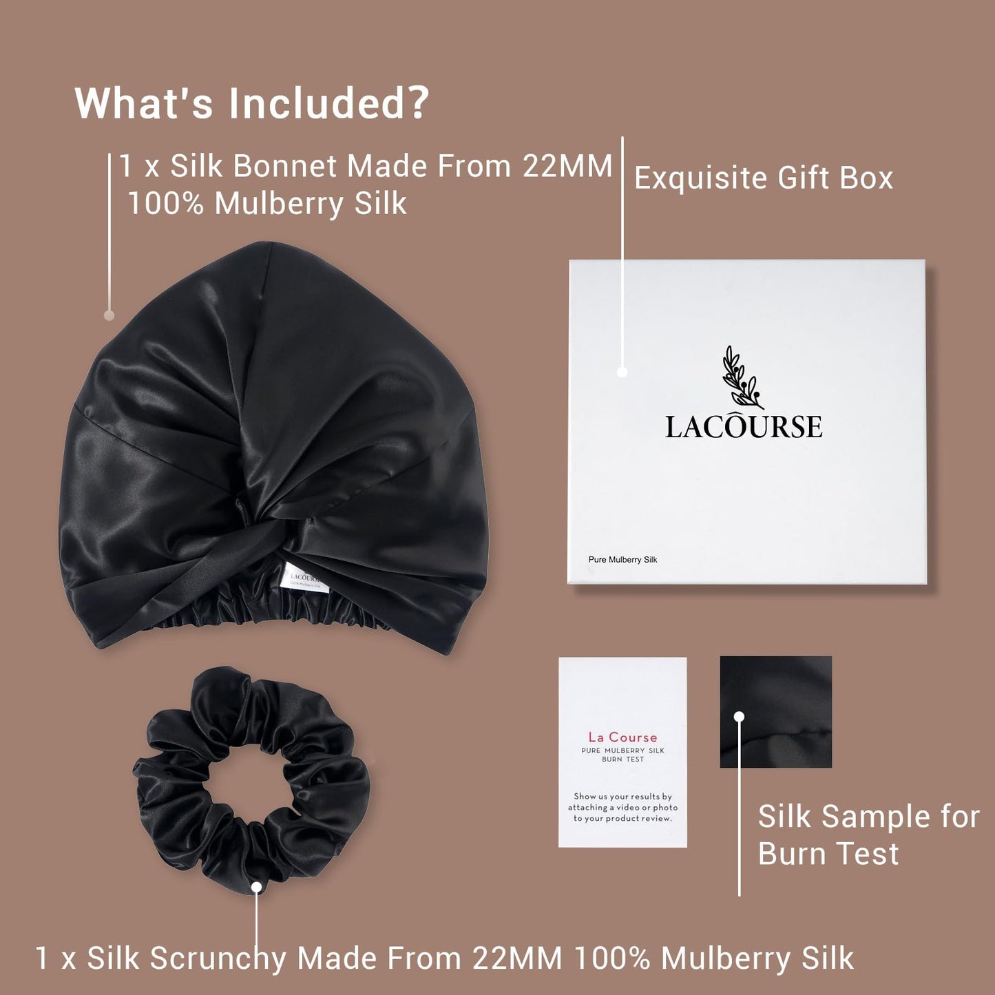 LaCourse Anti-Slip Adjustable Real 22 Momme 100% Mulberry Silk Bonnet with Scrunchie for Sleeping Women, Double-Layered Silk Hair Bonnet for Curly Hair, One Size (21-24 inch Head Size), Taupe