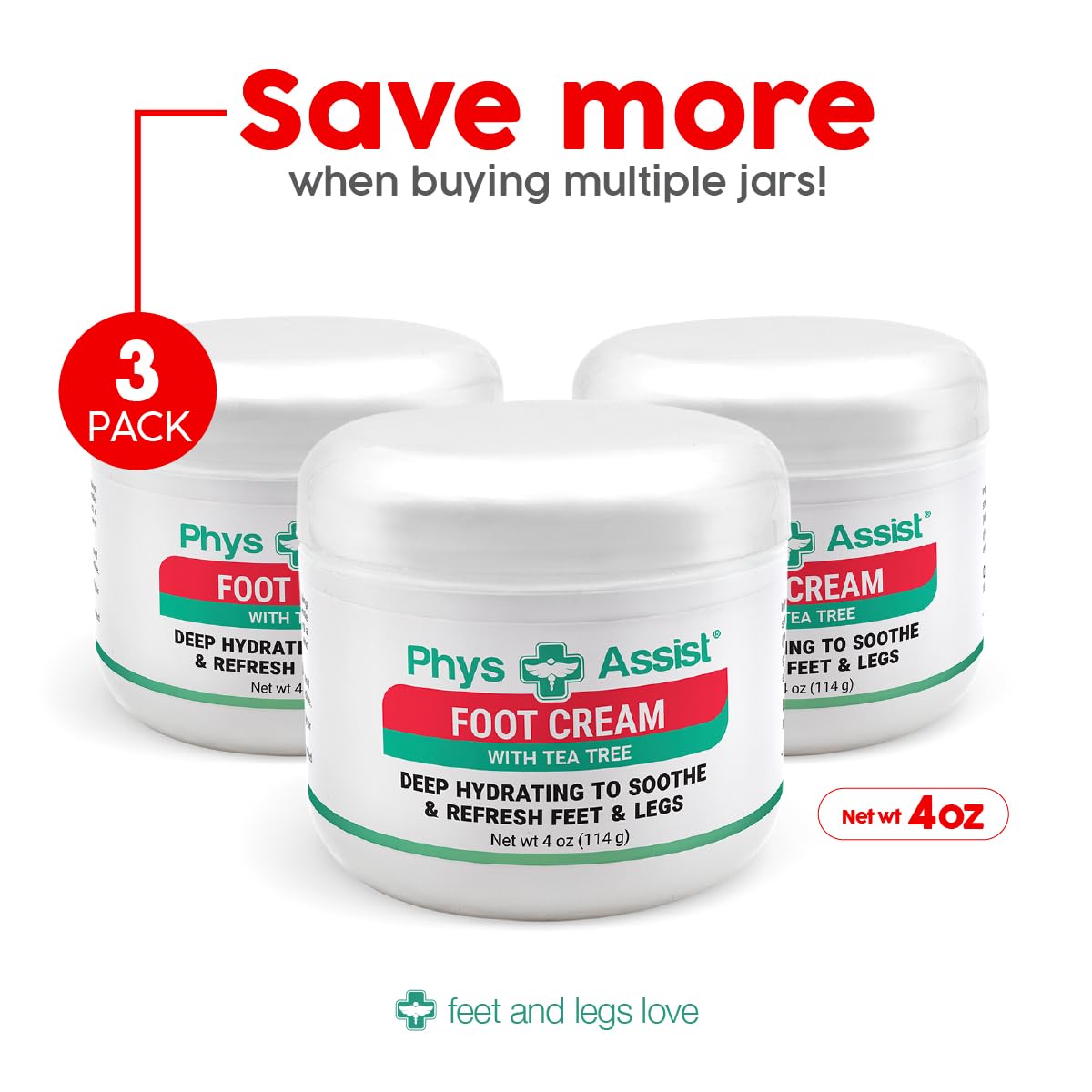 PhysAssist Foot Cream with Tea Tree 4 oz Jar – Deep Hydrating Foot & Leg Cream for Dry, Tired & Sensitive Skin – Refreshing Moisture Care with Peppermint, Tea Tree & Vitamin E - 3 PACK