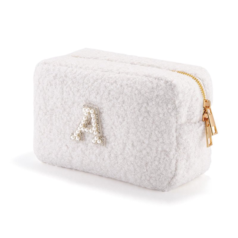 Anforsun Personalized Initial Travel Makeup Bag, Makeup Bag Travel Cosmetic Bag, Sherpa Teddy Pearl Letters A