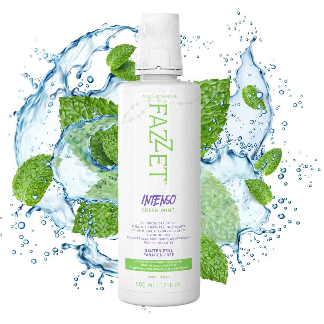 FAZZET Intenso Fluoride Oral Rinse – Soothe Tonsils, Combat Bad Breath – Alcohol, Gluten, and Paraben Free Mouthwash – Fresh Mint Flavor
