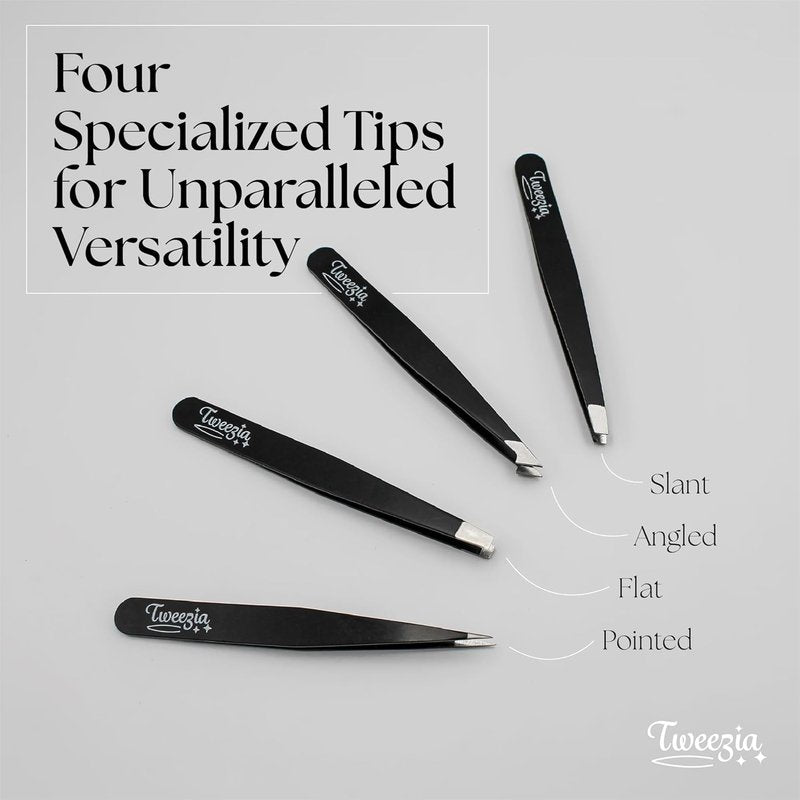 Stainless Steel Tweezer Set - 4 Precision Tweezers with Mirror & Leather Case | Ideal for Eyebrows, Ingrown Hairs, Splinters