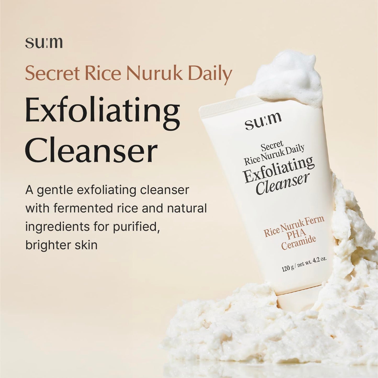 SU:M Secret Rice Nuruk Daily Exfoliating Cleanser (4.23 fl oz) - Korean Skincare Gentle Exfoliating Cleanser with Rice Nuruk Extract, PHA, and Melting Ceramide for Hydration and Smooth Skin Texture.