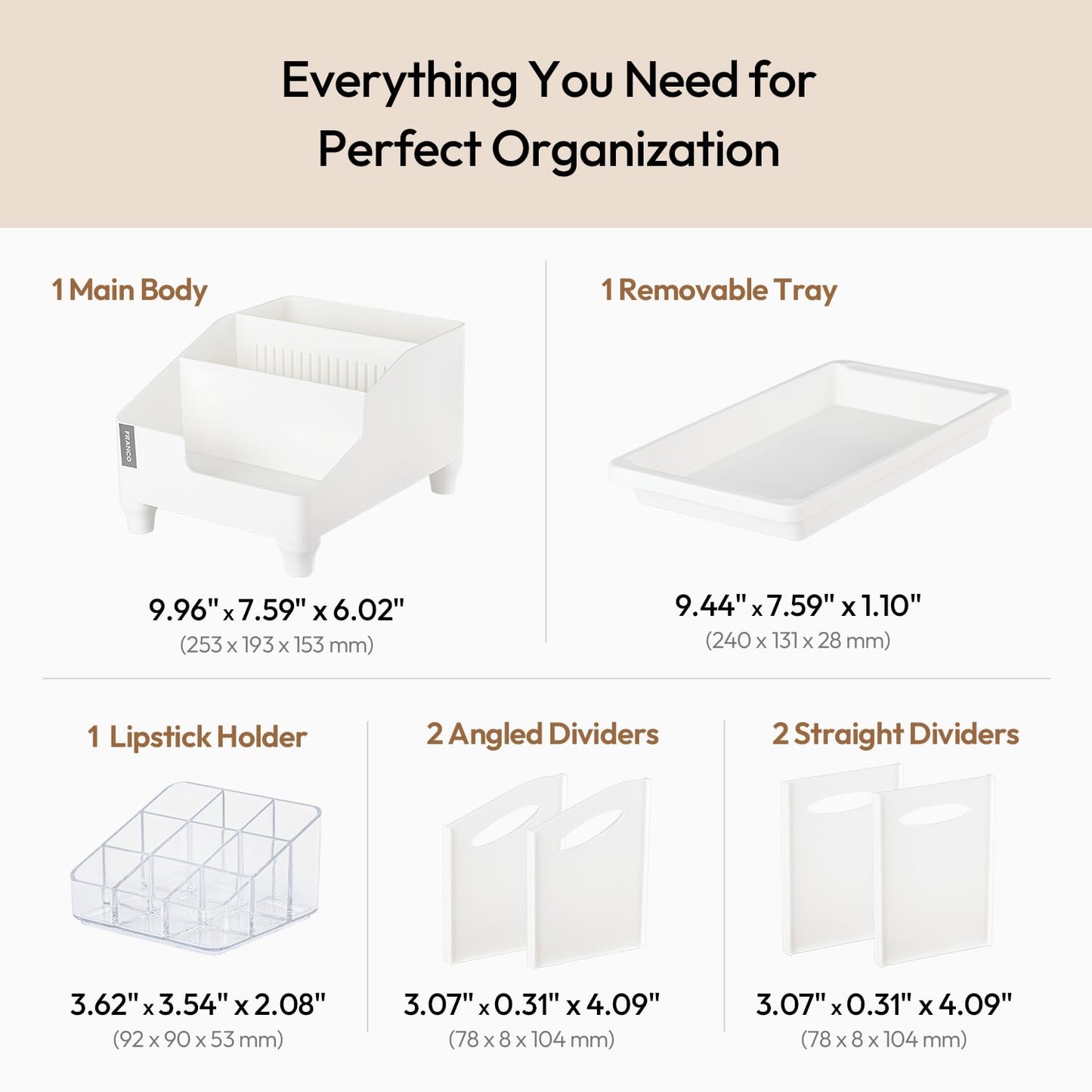 carrotez Make up Vanity Organizer Countertop Skincare Cosmetic, Accessories Organizers, Customizable Compartments - White, 7.6 inches