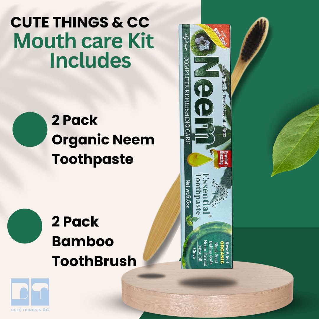 CUTE THINGS & CC Eco-Friendly Mouthcare Bundle: 2pk Essential Palace Neem Toothpaste Makes 13 OZ, Combo & 2pk Bamboo Brushes