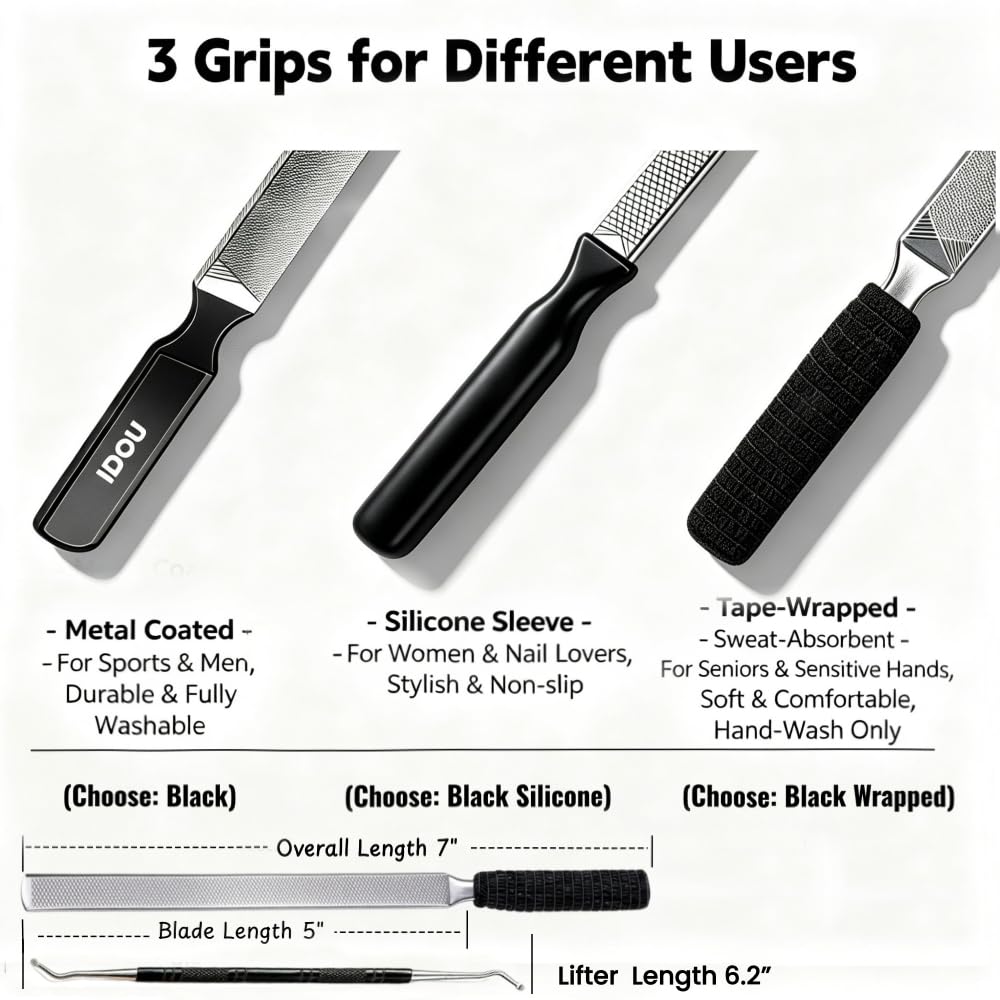 IDOU 3-in-1 Nail File Kit: Heavy Duty Toe Nail Files for Thick Nails & Seniors with Ingrown Lifter, Thumb Guard | Non-Slip Metal Emery Boards for Nails/Silver Lifter