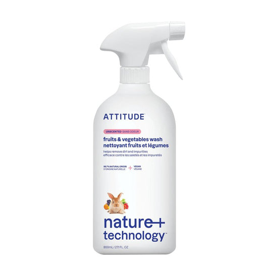 ATTITUDE Fruit & Vegetable Wash, Unscented Food-Safe Produce Wash to Remove Dirt, Wax & Residue, Vegan Plant-Based Produce Cleaner, 27.1 Fl Oz