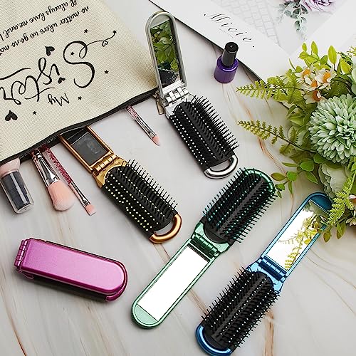 Uiifan 50 Pcs Folding Travel Brush with Mirror Bulk, Small Pocket Brush Compact Portable for Men Women, Bridesmaid Gifts, Stocking Stuffers, Party Favors(Purple, Green, Silver, Blue, Gold)
