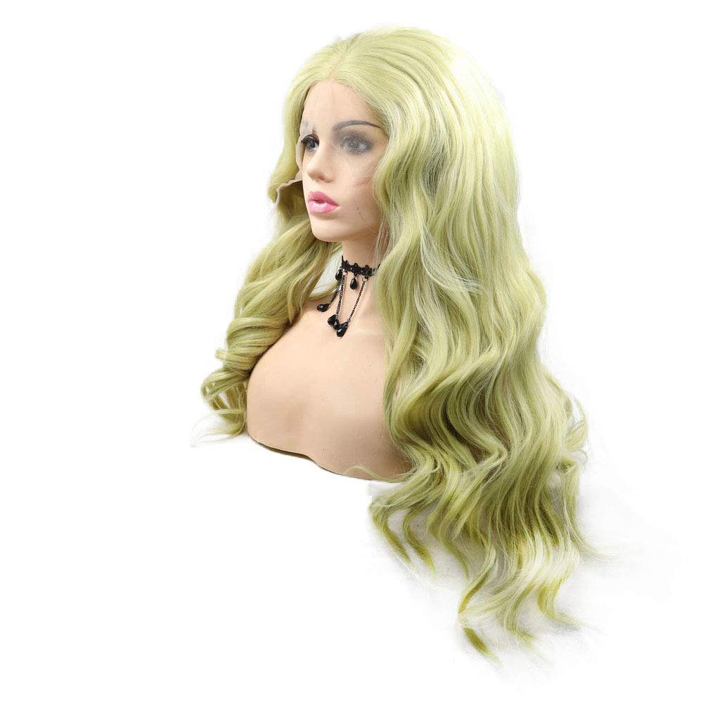 Yellow Green Lace Front Wig for Women - Long Wavy Synthetic Hair | Realistic Glueless 24-Inch Cosplay Style