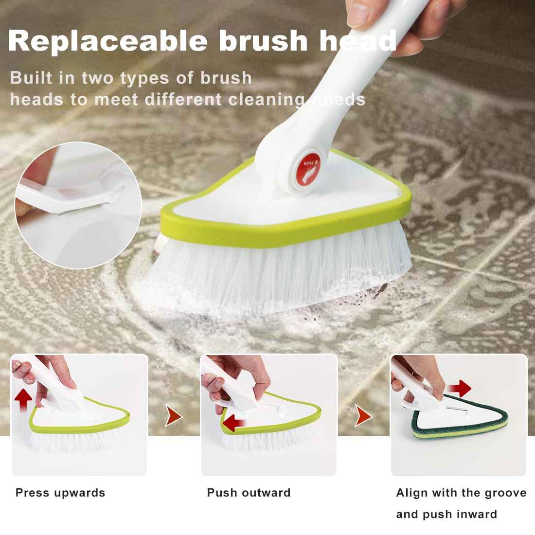 CQT 2 in 1 Bathroom Cleaning Brush with 48" Extendable Long Handle Detachable Scrub Brush with 2 Scrubber Heads and 2 Scouring Pad Head for Cleaning Bathtub Shower Bathroom Wall Bathtub Floor