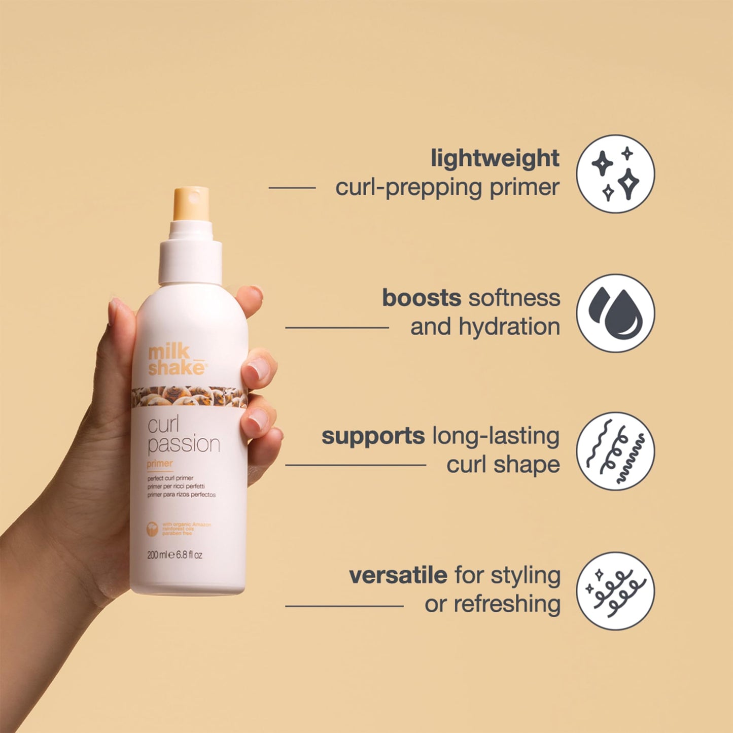 milk_shake Curl Passion Primer | Pre-Styling Curl Primer for All Curl Types | Adds Moisture & Enhances Definition | With Babassu Oil, Praxcai Oil & Milk Proteins, 6.8 fl oz / 200 mL