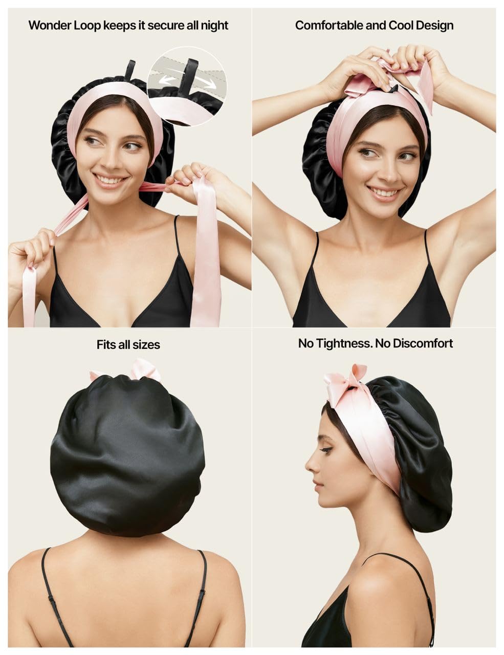 Mulberry Silk Bonnet for Sleeping with Ribbon Fixation & Wonder Loop – Reversible No-Slip Hair Wrap for Sleep, Hair Bonnet for Curly, Straight & Fine Hair - Mothers Day Gift for Mom & Wife