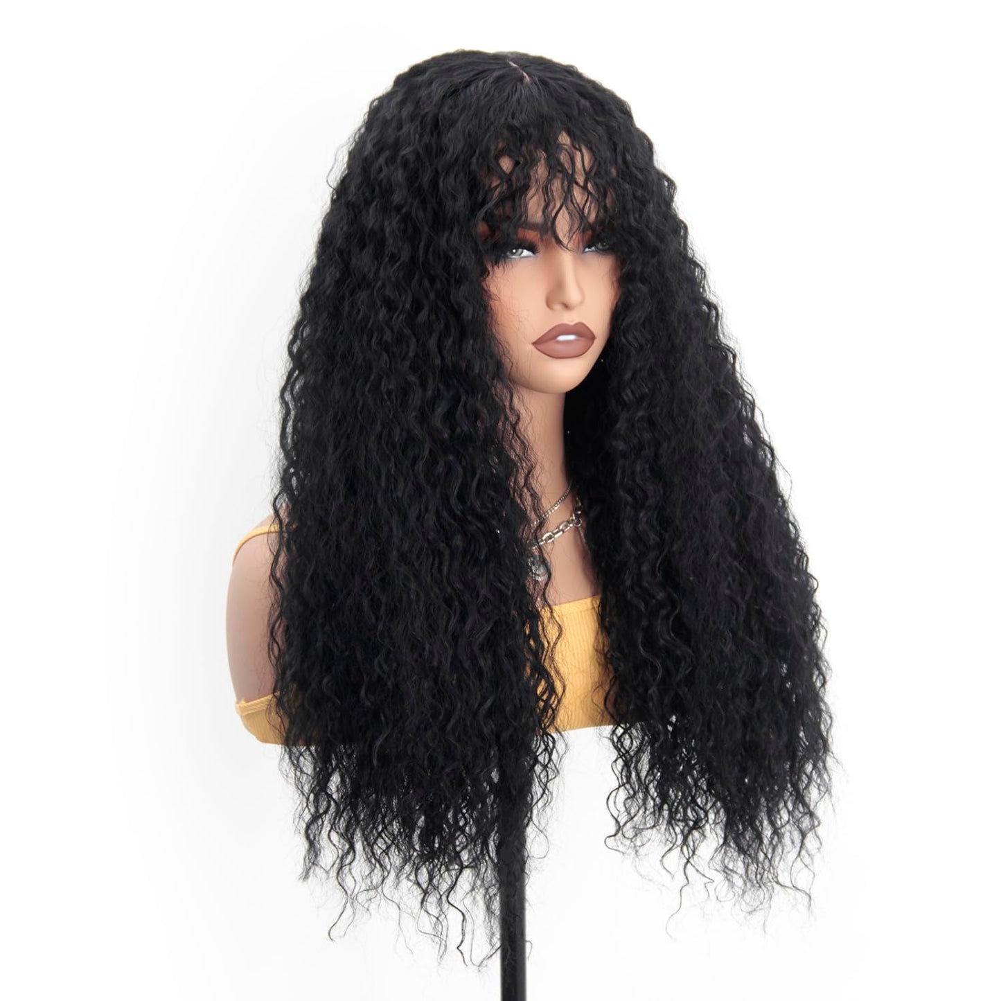 Curly Wigs for Black Women Black Long Curly Afro Wig with Bangs 24inch