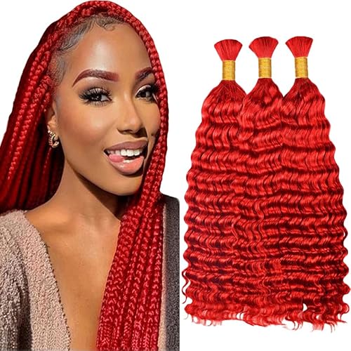 Red Boho Hair for Braiding 16 16 16 Inch Deep Wave Bulk Red Braiding Hair Deep Curly Burgundy Human Braiding Hair Extensions for Woman