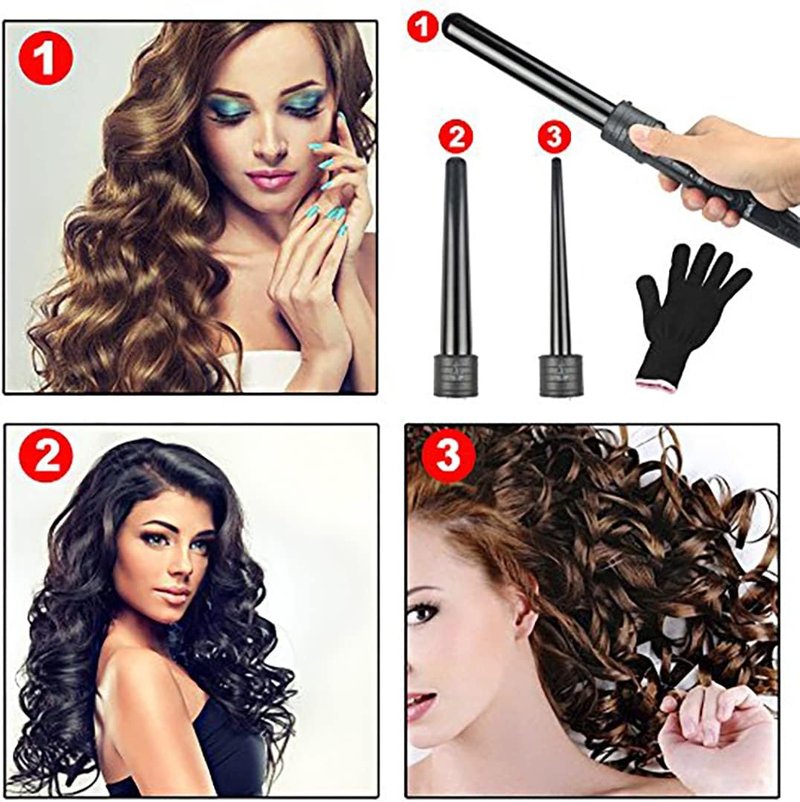 Tourmaline 3-in-1 Curling Wand Set | Interchangeable Ceramic Barrels & Heat Resistant Glove - Black
