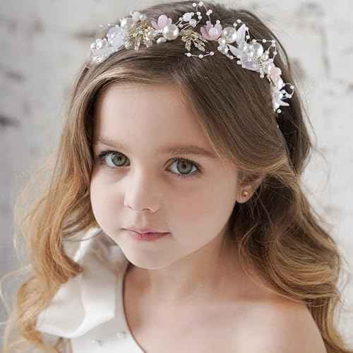 LAPOHI 2 Pieces Wedding Flower Headpieces for Girls, Flower Girl Hair Accessories for Wedding Rhinestones Flower Headband Fairy Pearl Flower Crown for Girls Bridal Crystal Flower Tiara for Women