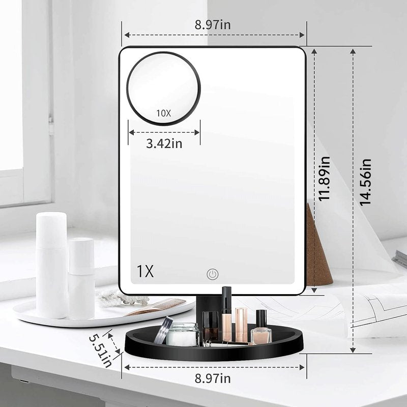 FUNTOUCH Large Lighted Makeup Mirror with Lights, 3 Color Lighting Modes Light Up Mirror with 88 LED, 10X Magnification and 360° Rotation Touch Screen Tabletop Cosmetic Vanity Make Up Mirror (Black)