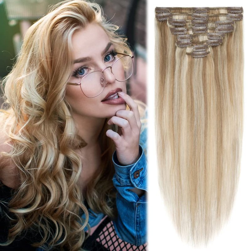 Clip-In Hair Extensions - Real Human Hair Balayage Golden Brown & Bleach Blonde | 12 Inch, 55g, 8pcs Weft for Full Head