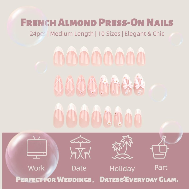 24PCS Blush Pink French Almond Press-On Nails – Medium Length Fake Nails with 3D Bow & Flower Design, Soft Back & Durable Tip, Reusable Stick-On Nail Tips with Glue & Tools for Women
