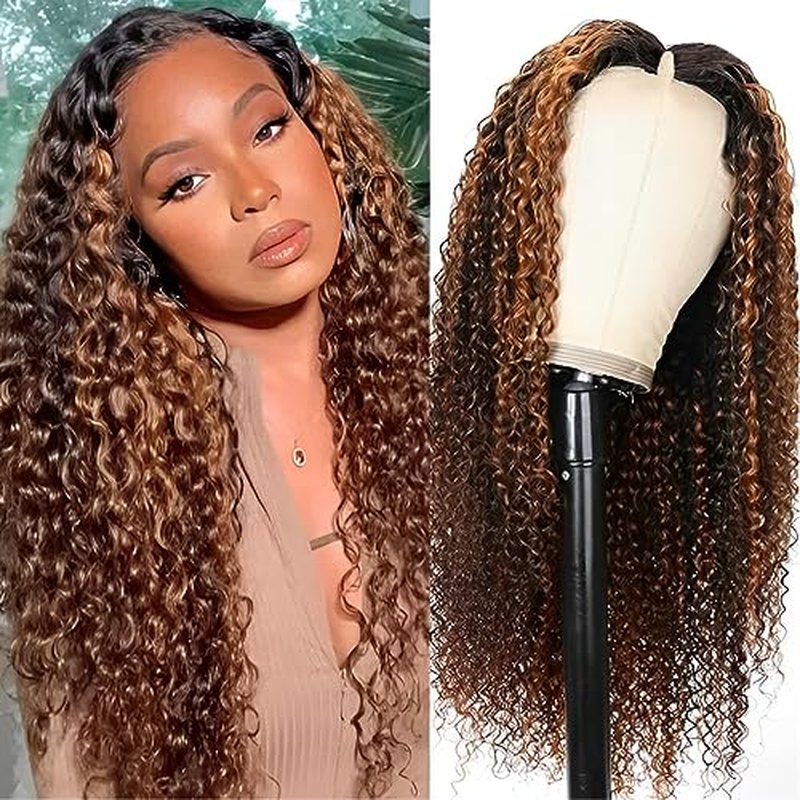 UNICE Curly V Part Wigs Human Hair Balayage Brown Highlight Clip in Upgrade U Part Wig No Leave Out Wear Go Glueless Human Hair Wig Beginner Friendly 14 inch