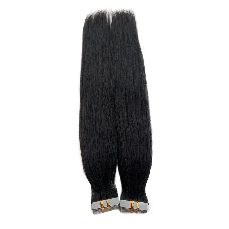 Yaki Tape in Extensions Human Hair Double Sided Relaxed Straight Black Real Remy Tape in Hair Extensions for Black Women Full Head 16 Inch Yaki Straight Tape in Bundles Natural Black 50g 20pcs
