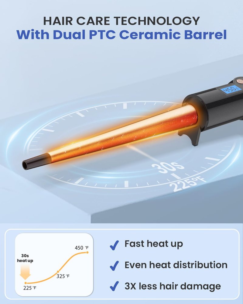 Tapered Curling Wand for Long Hair,3/8-3/4 Inch Curling Iron Ceramic Barrel,Dual Voltage Tapered Wand Iron 0.38" to 0.75",Heat-Resistant Glove(225-450℉)