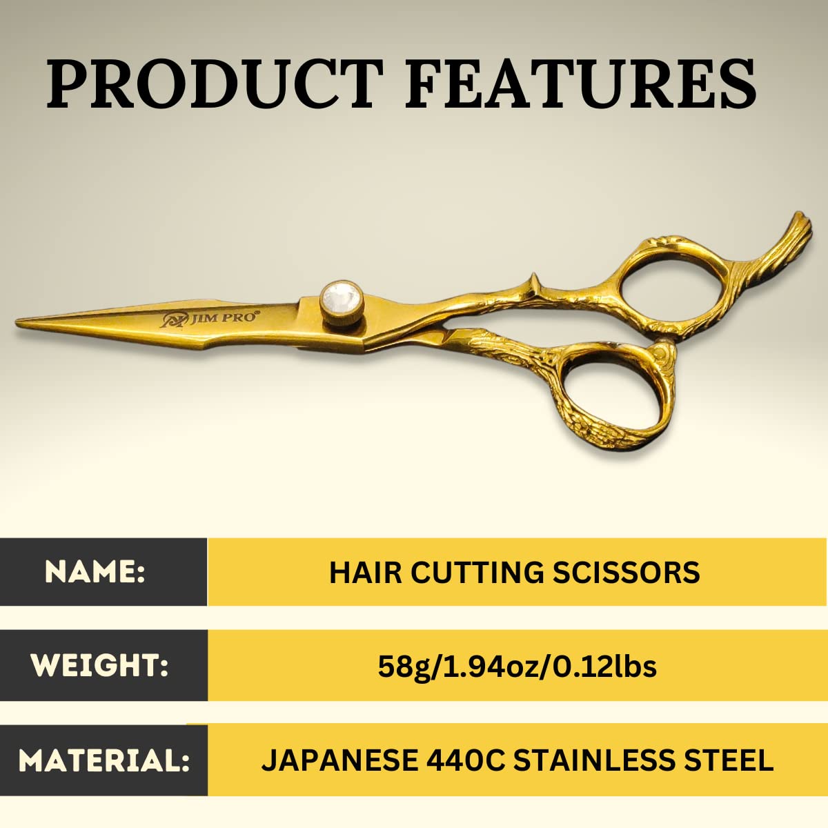 JIM PRO Professional Quality Barber Scissor - Hair Cutting Scissors, Professional Japanese 440C Stainless Steel Barber Hair Scissors With Dragon Handle, for Both Salon and Home Use 6.5" (GOLDEN-440C)