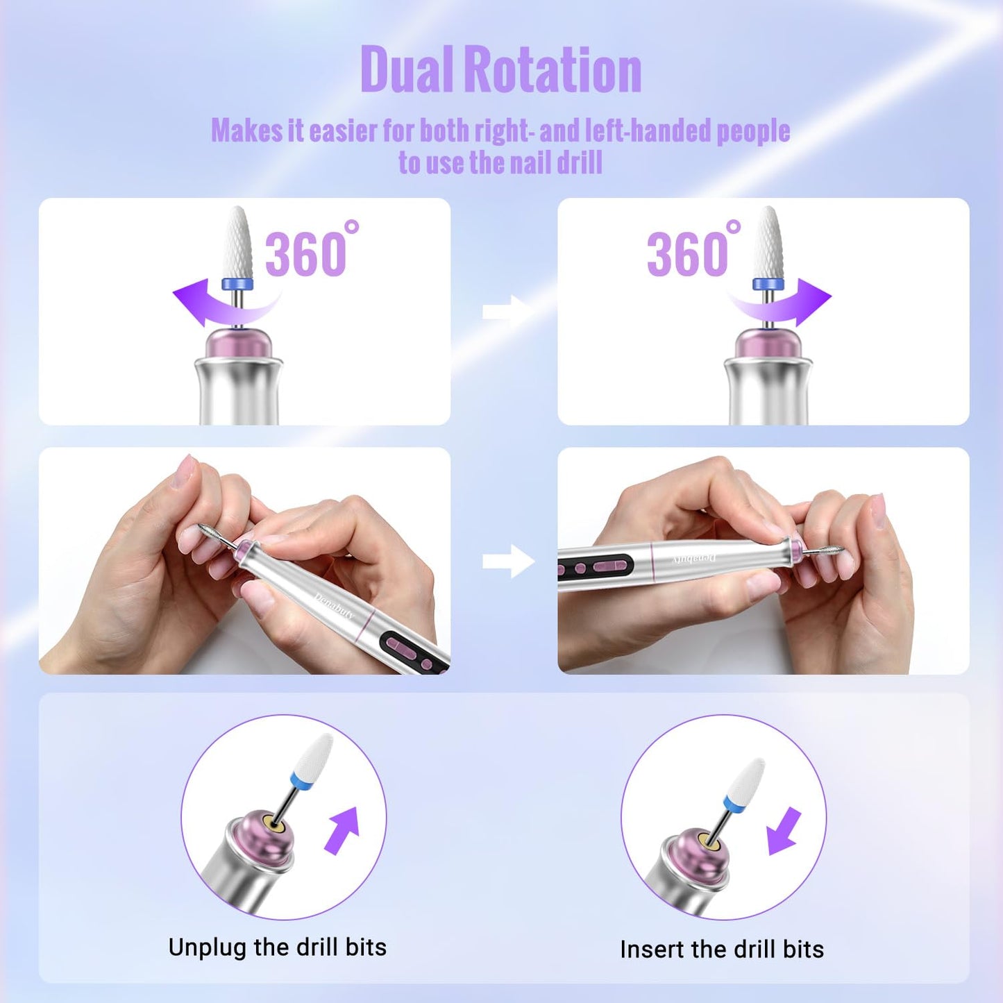 Denabuty Cordless Electric Nail Drill Machine, 13 in 1 Nail File Kit 35000RPM Professional Portable Rechargeable E File for Acrylic Polish Gel Removal Manicure Pedicure Set with 5 Speeds Violet