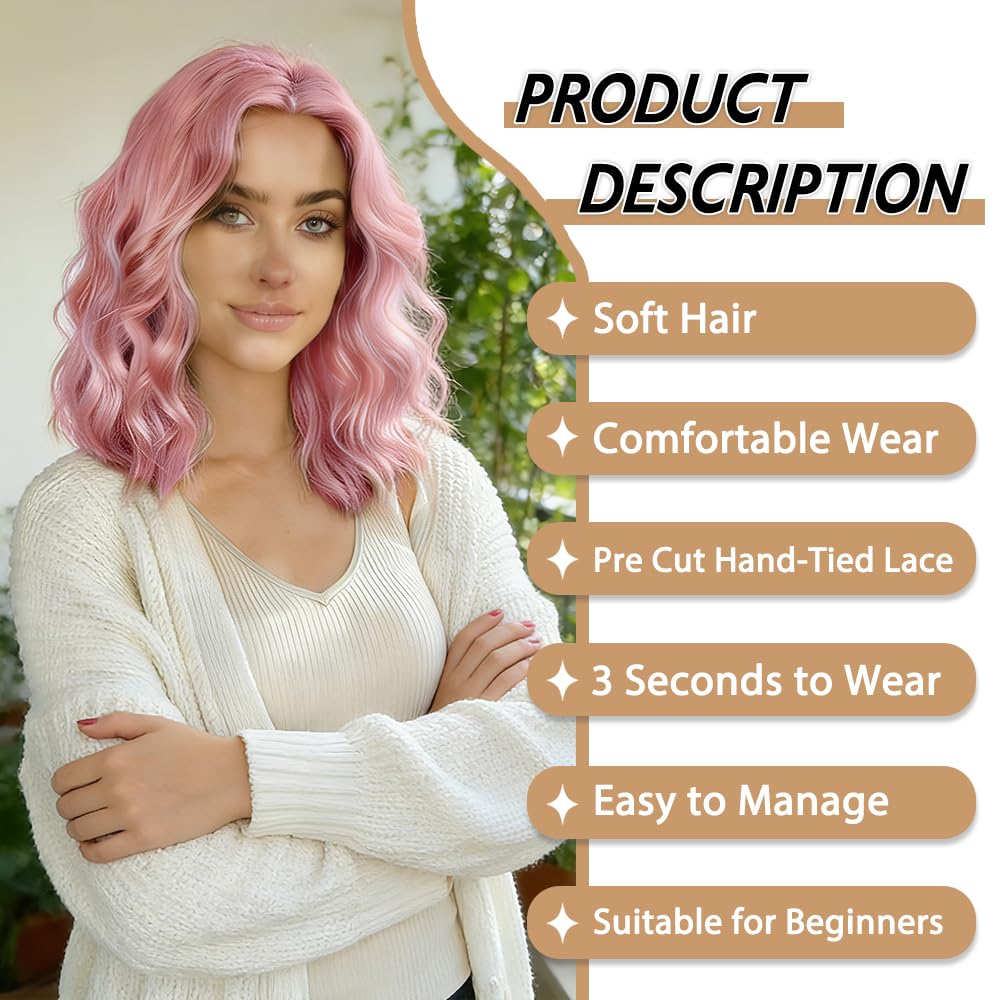 Pink Wig for Women Pre Cut Hand-Tied Lace Short Wigs for Women Wavy Natural Hairline Middle Part Hair Replacement Wigs for Beginners 14 Inch Natural Bob Style Synthetic Wig 3 Seconds Wear for Daily