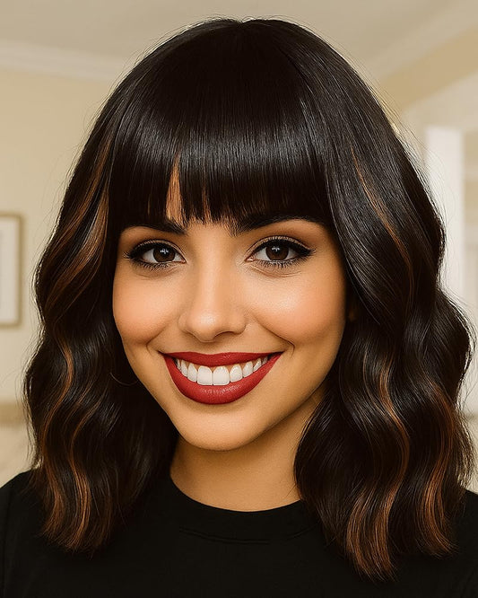 Black Highlights Brown Wig with Bangs,12 Inch Short Wavy Curly Bob Hair