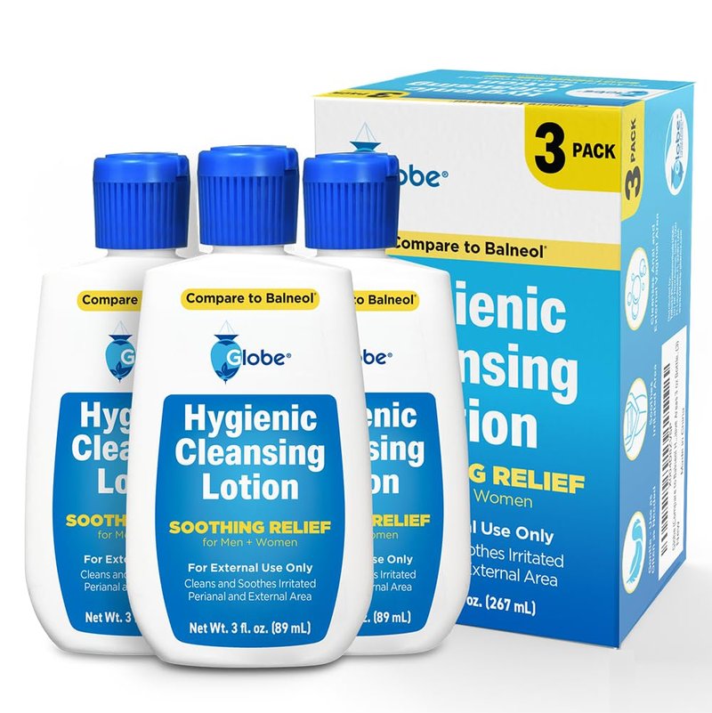 Globe (3 Pack Hygienic Cleansing Lotion for Men and Women -Discomfort, Pain & Itch Relief for Sensitive Areas, Cooling, Non-Irritating Gentle Personal Care Cleanser, Convenient for Travel, 3oz Bottle