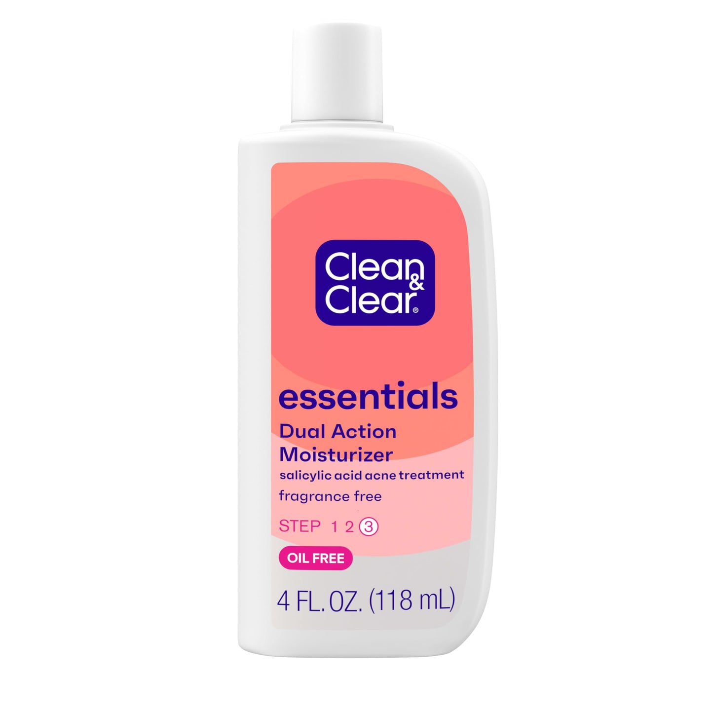 Clean & Clear Essentials Dual Action Oil-Free Facial Moisturizer, Salicylic Acid Acne Treatment with Pro-Vitamin B5 Moisturizes While Treating Acne & Helping to Prevent Pimples, 4 fl. oz, 3 Pack