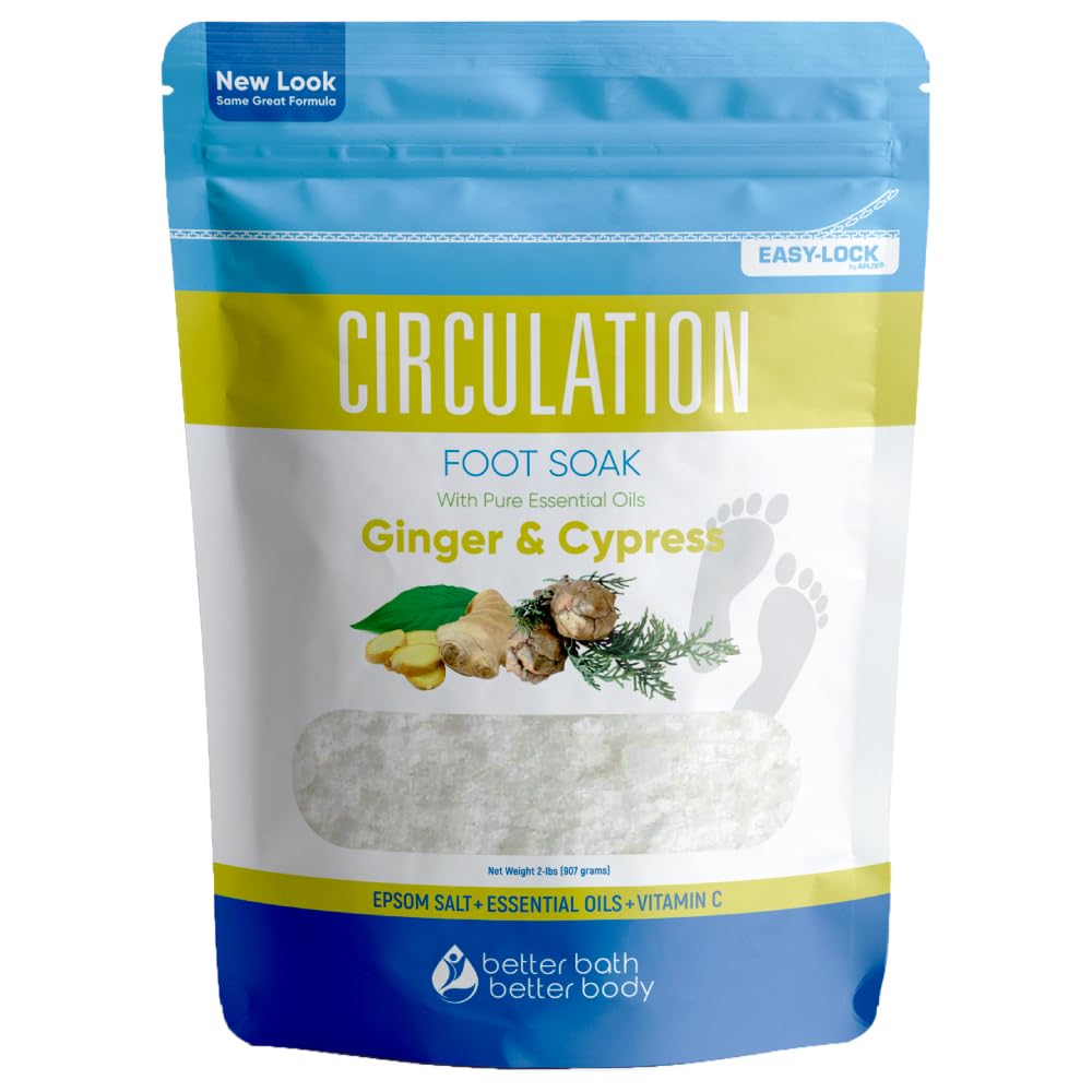 Circulation Foot Soak 32 Ounces (2 Lbs) Epsom Salt with Pure Essential Oils Ginger and Cypress Essential Oils Plus Vitamin C in BPA Free Pouch with Easy Press Lock Seal