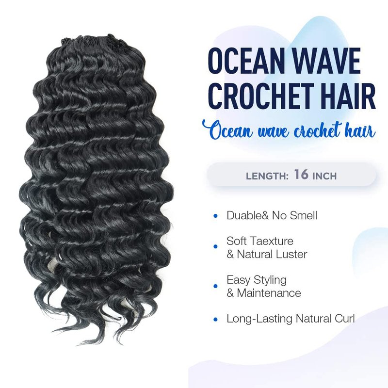 ToyoTree Ocean Wave Crochet Hair - 16 Inch 8 Packs Natural Black Mid-Length Curly Deep Wave Crochet Hair, Synthetic Ocean Wave Braiding Hair Extensions (16 Inch,1B-8P)