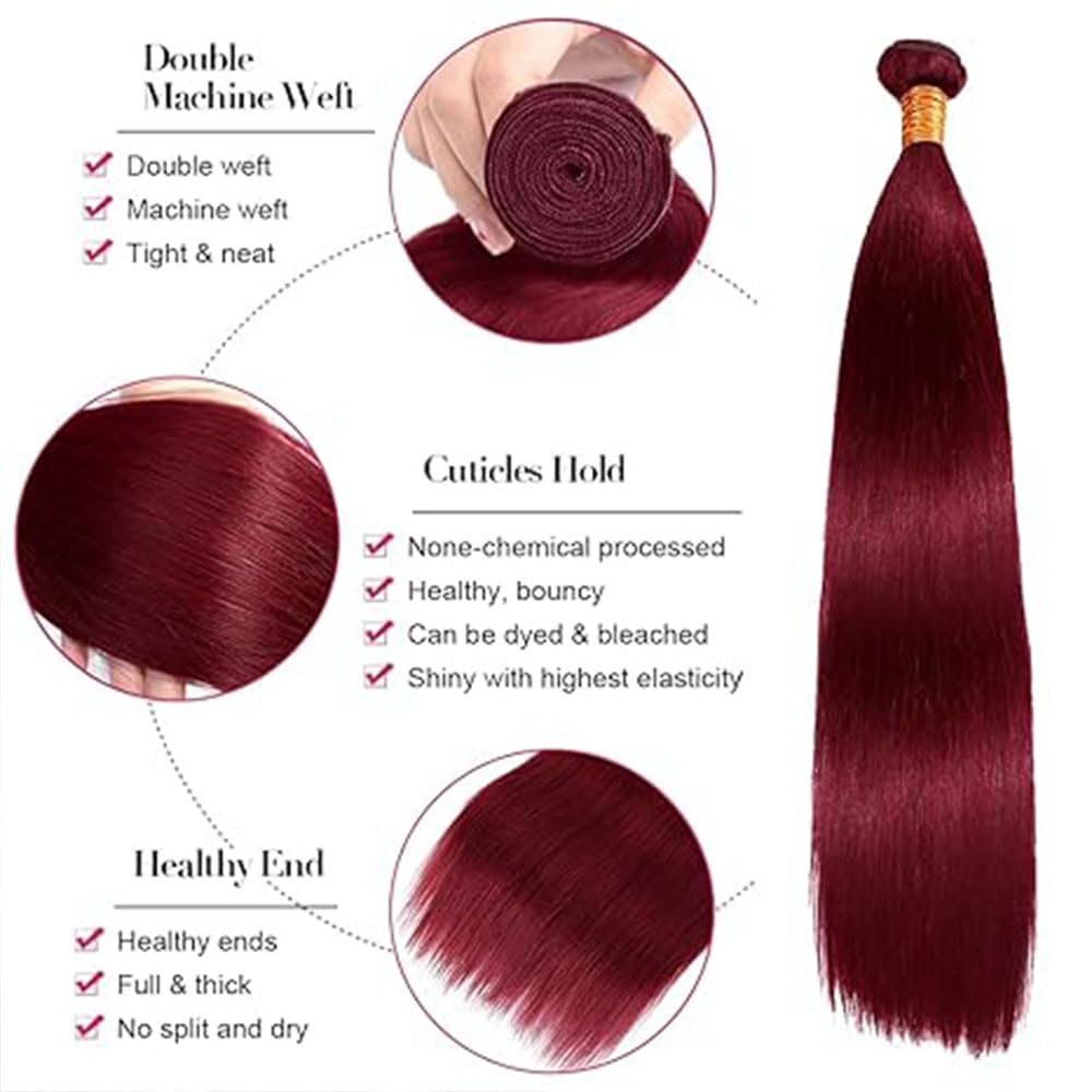 99J Bundle Human Hair Burgundy Human Hair Bundles Straight 1 Bundle Color 99J 28 Inch 100G/PC Unprocessed Brazilian Virgin Double Weft Hair Extension