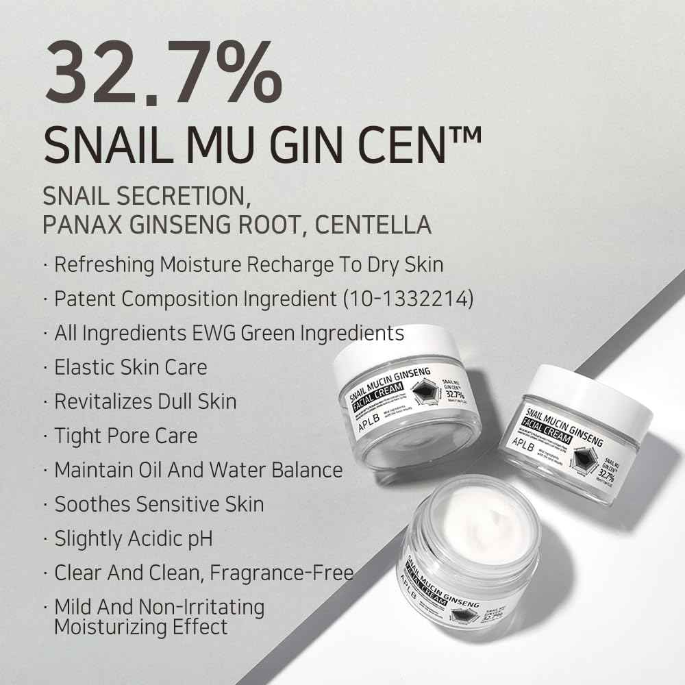 APLB Snail Mucin Ginseng Facial Cream | SNAIL MU GIN CEN™ 32.7% 1.86 FL.OZ/Korean Skincare, Wrinkle care, Pore care, Improve elasticity for firm skin