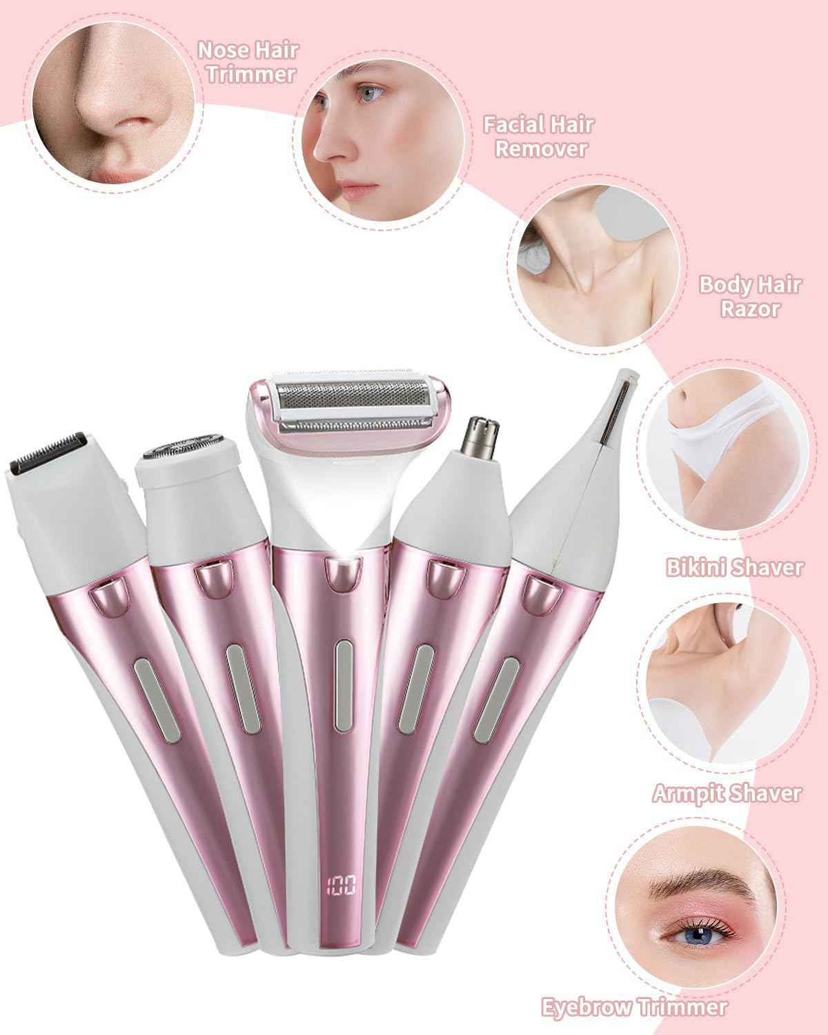 5 in 1 Bikini Trimmer for Women, Electric Razors for Women with LED Light & LCD Display, Wet/Dry Pubic Body Hair Trimmer, Waterproof Easy Cleaning Body Shaver Bikini Razor with 5 Trimmer Heads