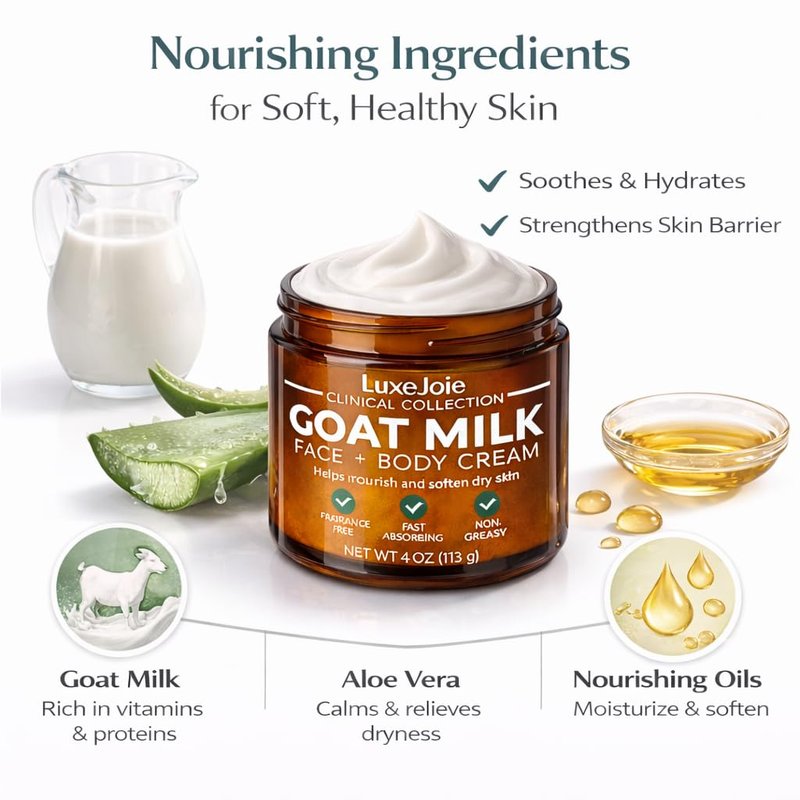 LuxeJoie Goat Milk Face Cream – Fragrance Free Moisturizer for Dry & Sensitive Skin – Fast Absorbing Non Greasy Hydration – Gentle Goat Milk Face & Body Lotion with Shea Butter – 4 oz